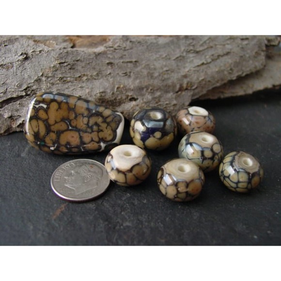 Handmade Lampwork Silvered Glass Bead Set Jewelry Supply. Mocha and Ivory - Picture 1 of 5